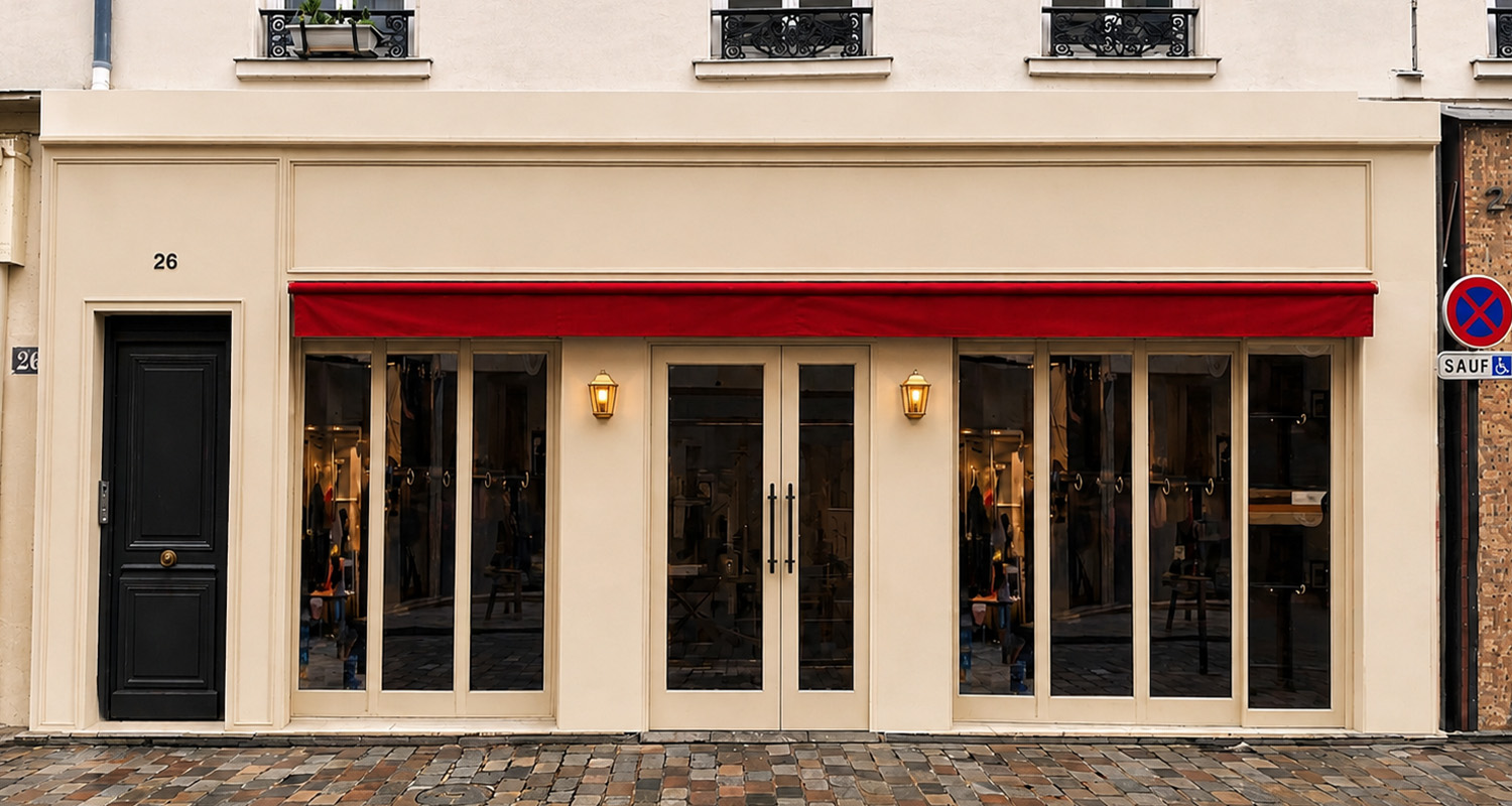 Façade de La Mijoterie rue de Cotte, store rouge et devanture crème
