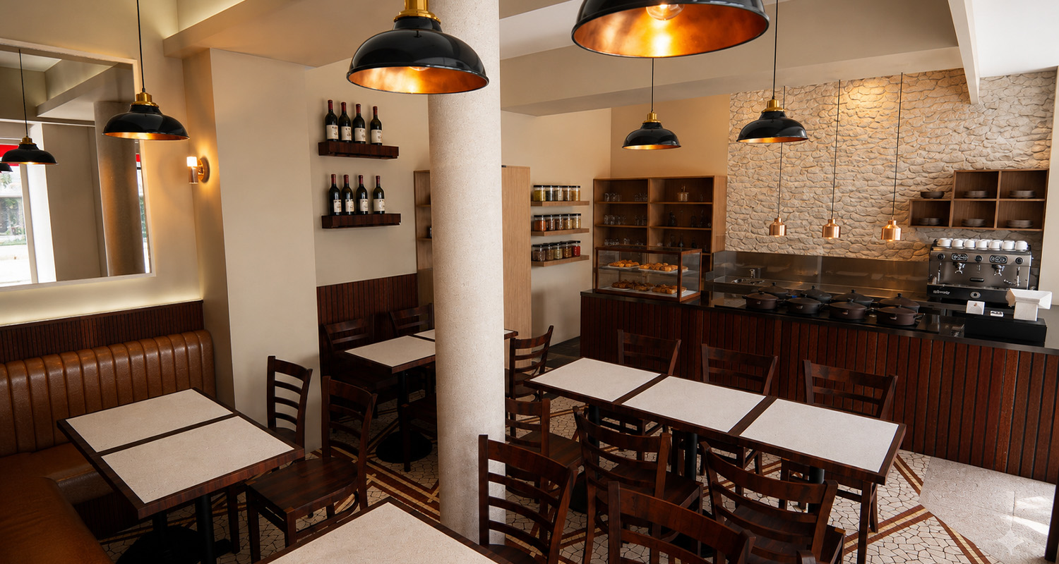 Salle chaleureuse de La Mijoterie, tables en bois et suspensions noires et cuivre